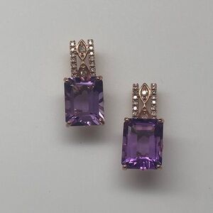 10K Rose Gold Emerald Cut Amethyst and 0.10ct twt Diamond Stud Earrings NEW